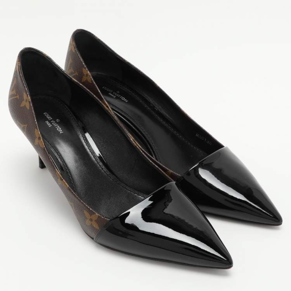LOUIS VUITTON Brown LV Monogram Canvas Black Patent Leather Pointed-Toe Pumps 40 - Picture 2 of 11